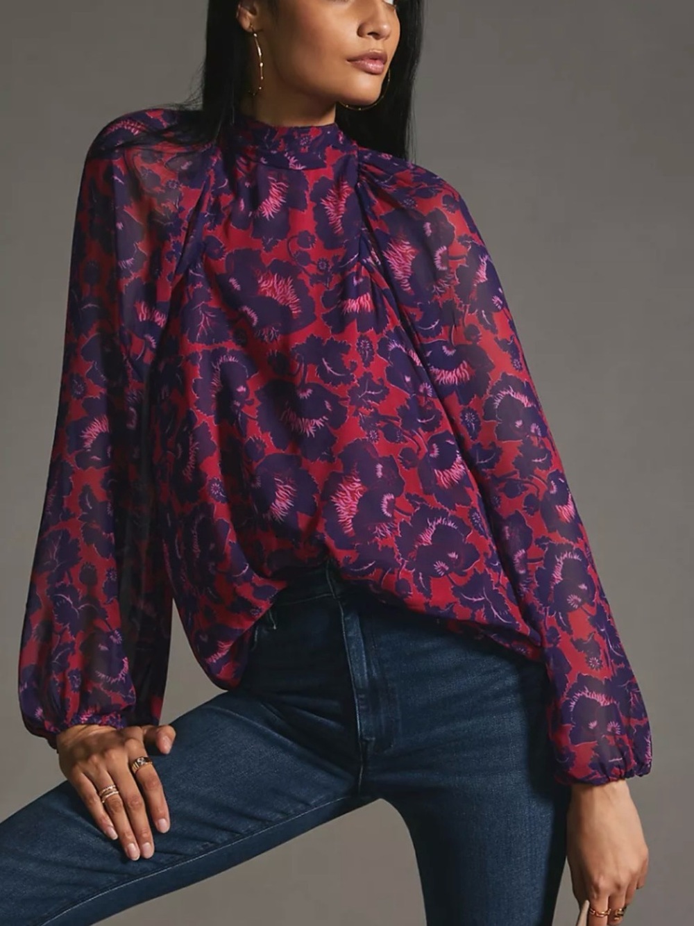 Maeve by Anthropologie Purple Floral Sheer Open Back Bow Tunic Blouse Romantic S